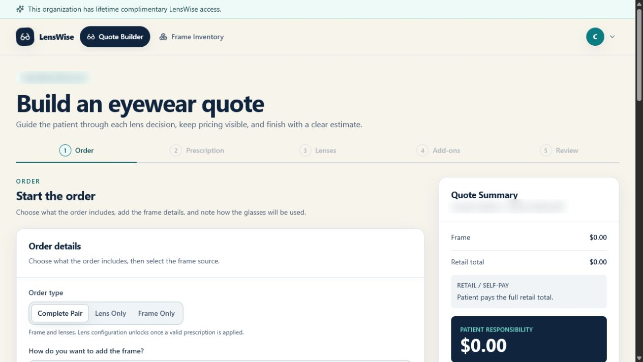 LensWise guided quote builder with order steps and a live quote summary